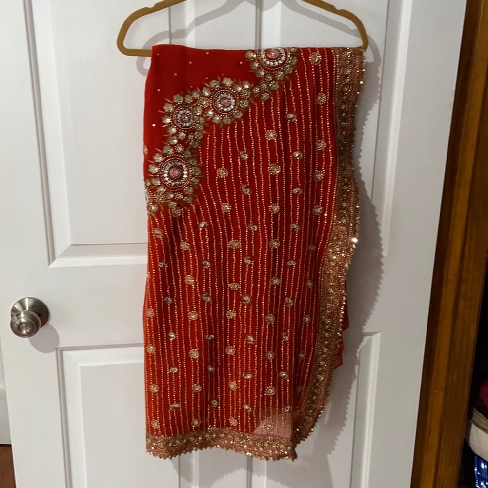 Orange Beaded Bridal Wedding Indian Pakistani Saree